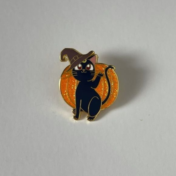 Black cat Glitter pumpkin pin enamel Halloween - Picture 2 of 2